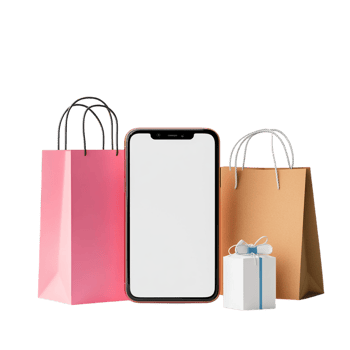 image of a smartphone mockup with shopping bags and products png