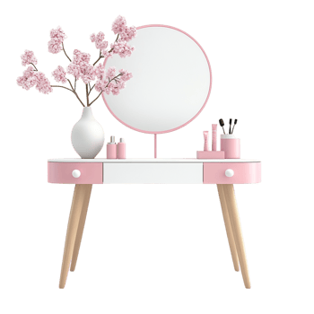 portrait of a vanity table with pink and white decor on a transparent background png