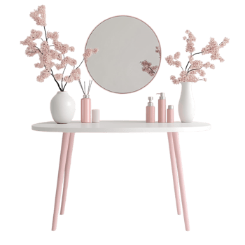 portrait of a vanity table with pink and white decor on a transparent background png
