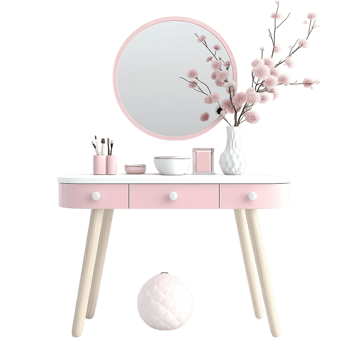 portrait of a vanity table with pink and white decor on a transparent background png