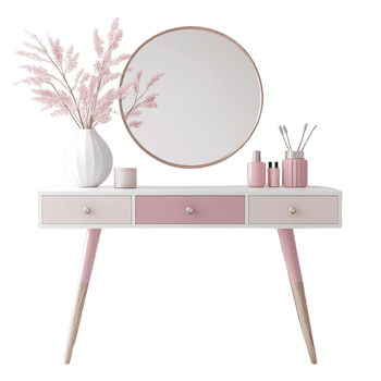 portrait of a vanity table with pink and white decor on a transparent background png