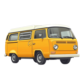 Hand drawn cartoon illustration of a vintage yellow minivan on a transparent background png