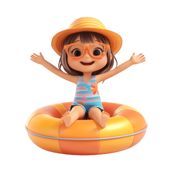 Happy little girl wearing summer clothes with an inflatable ring against a transparent background png