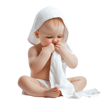 Baby wiping face with a towel, isolated against a transparent background png