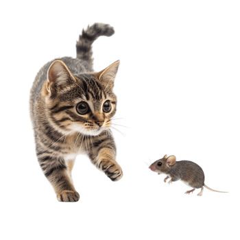Cat chasing a mouse isolated on transparent background png