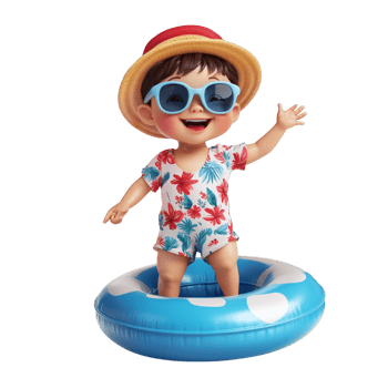 Happy little boy wearing summer clothes with an inflatable ring against a transparent background png