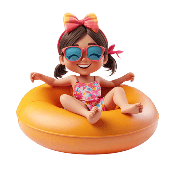 Happy little girl wearing summer clothes with an inflatable ring against a transparent background png