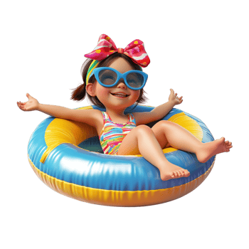 Happy little girl wearing summer clothes with an inflatable ring against a transparent background png