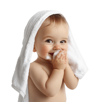 Baby wiping face with a towel, isolated against a transparent background png