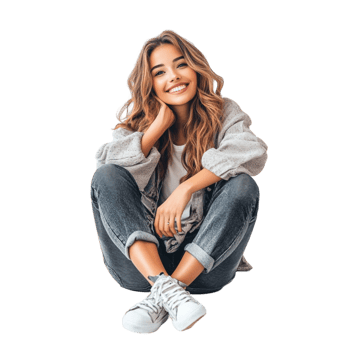 Elegant woman in a yellow sweater sitting cross-legged on transparent background. png