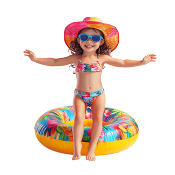 Happy little girl wearing summer clothes with an inflatable ring against a transparent background png