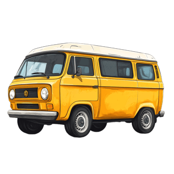 Hand drawn cartoon illustration of a vintage yellow minivan on a transparent background png