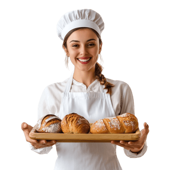 Female Baker Holding Tray of Bread on transparent background png