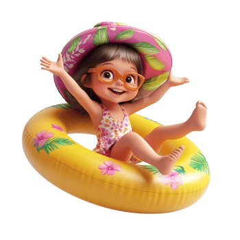 Happy little girl wearing summer clothes with an inflatable ring against a transparent background png