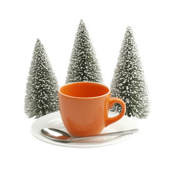 A small Christmas tree an orange cup, and a white saucer png