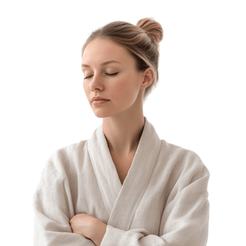 A woman in a robe quietly reflecting, lost in thought png