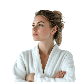 A woman in a robe quietly reflecting, lost in thought png