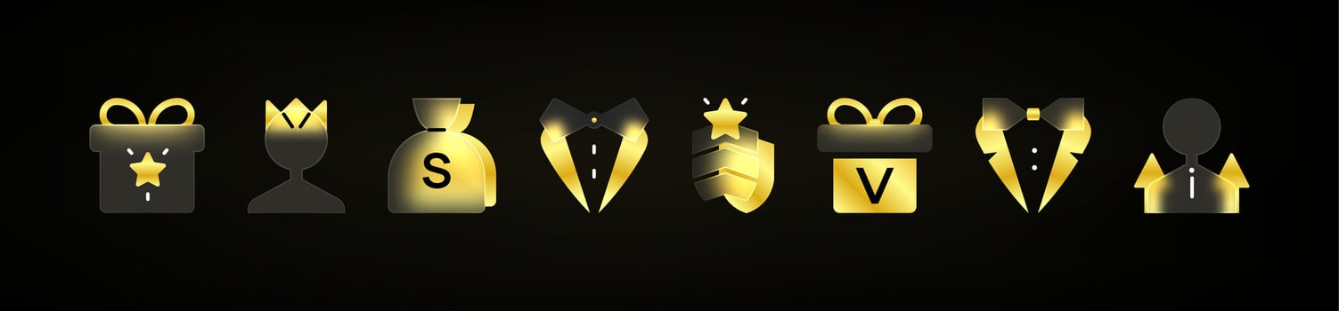 Glassmorphism VIP icons. Realistic UI gold icons set. Set of blur elements vector