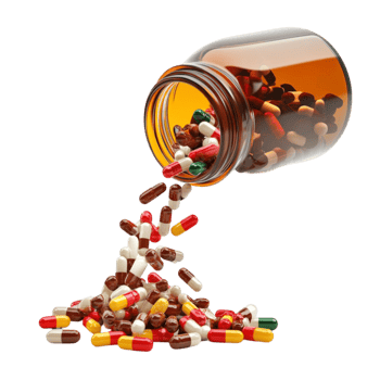Pills spilling out of a glass jar on a black background png