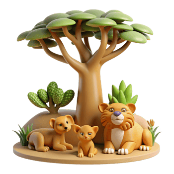 3D Illustration of Lion Family Under a Tree png
