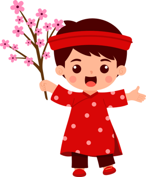 New Year Boy Holding Peach Blossom Branches png