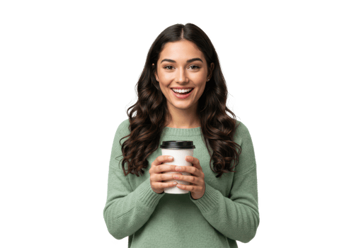 A cheerful woman with long dark hair wearing a green sweater holding a coffee cup isolated on transparent background png