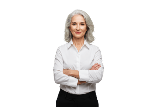 A confident woman with silver hair wearing a white shirt and black pants arms crossed, smiling softly isolated on transparent background png