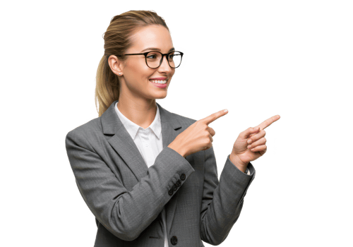 A professional woman with blonde hair glasses and a gray blazer pointing to the side with her index finger while smiling warmly isolated on transparent background png
