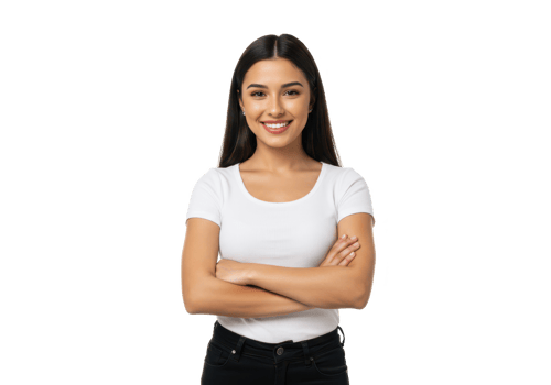 A cheerful young woman with long dark hair, wearing a white shirt and black pants, standing with arms crossed and smiling isolated on transparent background png