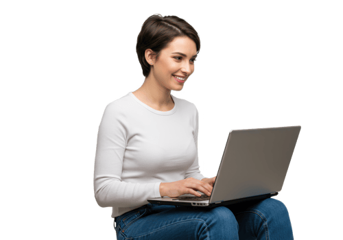 A young woman with short brown hair, wearing a white shirt and jeans, sitting while working on a laptop isolated on transparent background png