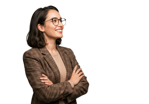 A confident woman with glasses, wearing a brown plaid blazer and a beige shirt, arms crossed isolated on transparent background png