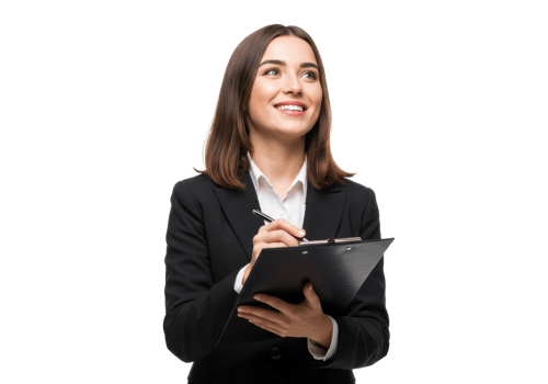 A professional young woman with brown hair, wearing a black suit and white shirt, holding a clipboard and pen isolated on transparent background png