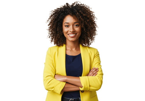 A confident woman with natural curly hair, wearing a bright yellow blazer and a navy top, standing with arms crossed isolated on transparent background png