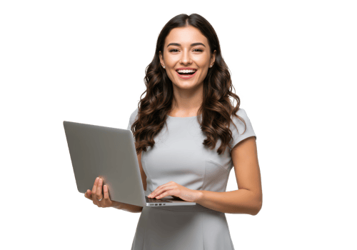 A confident woman with wavy dark brown hair, wearing a light gray dress, holding a laptop and smiling brightly isolated on transparent background png