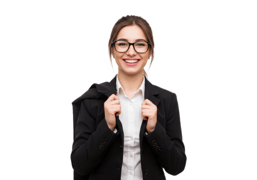 A cheerful woman with brown hair, wearing glasses, a black suit, and a white shirt, standing confidently isolated on transparent background png