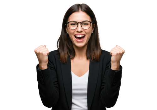 A cheerful woman with dark brown hair and glasses, wearing a black blazer and white shirt, clenching her fists in a celebratory gesture isolated on transparent background png