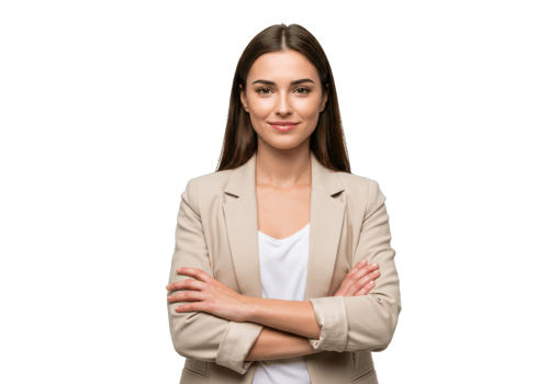 A confident woman with straight brown hair, wearing a beige blazer and white shirt, standing with arms crossed and smiling isolated on transparent background png