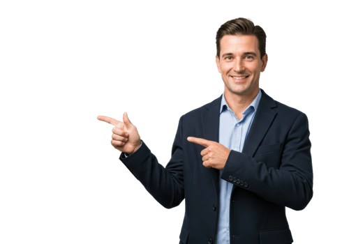 A professional man with neatly combed hair, wearing a dark blue blazer and a light blue shirt, pointing to the side with a confident smile isolated on transparent background png