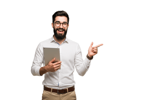 A cheerful young man with a beard, wearing glasses, a white shirt, and beige trousers, holding a tablet in one hand and pointing to the side isolated on transparent background png