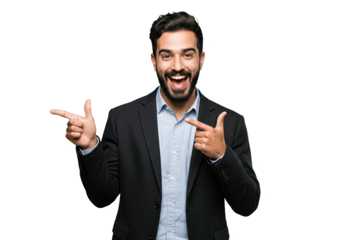 A confident man with dark hair and a beard, wearing a black blazer and a light blue shirt, pointing in two directions with both hands isolated on transparent background png