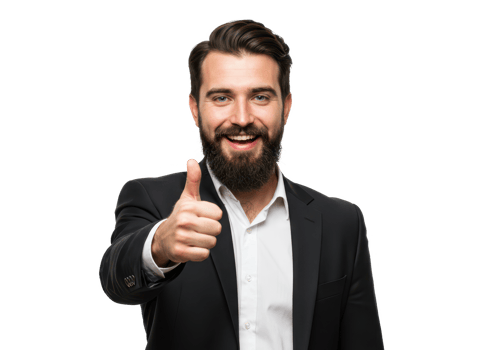 A confident man with a beard, wearing a black suit and white shirt, giving a thumbs-up gesture while smiling isolated on transparent background png