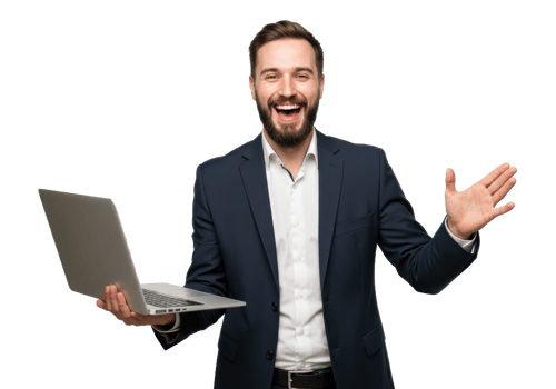 A cheerful man with short brown hair and a beard, wearing a dark blue suit and white shirt, holding a laptop in both hands and smilin isolated on transparent background png