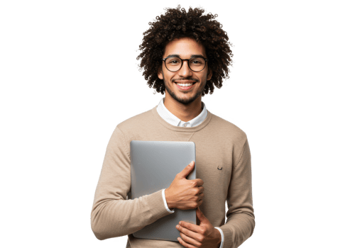 A confident young man with curly hair, wearing glasses, a beige sweater, and a white shirt, holding a laptop and smiling warmly isolated on transparent background png