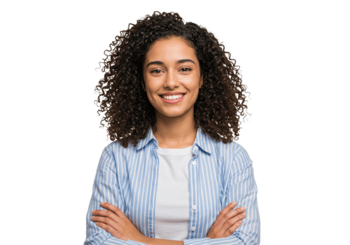 A young woman wearing a light blue striped shirt over a white T-shirt, arms crossed, smiling warmly isolated on transparent background png