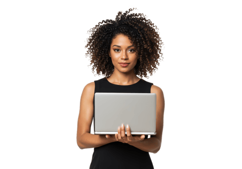 A confident woman with natural curly hair, wearing a black sleeveless dress, holding a laptop with both hands isolated on transparent background png