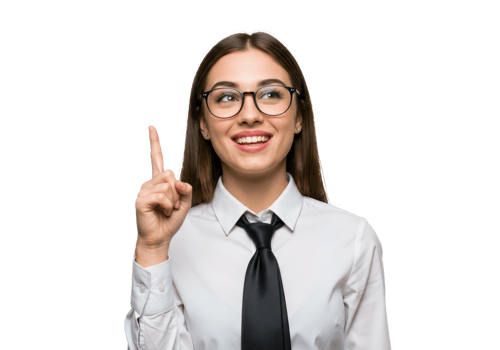 A young woman in glasses, wearing a white shirt and black tie, pointing upwards with one finger, smiling playfully isolated on transparent background png