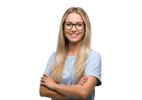 A smiling woman with long blonde hair, wearing glasses and a light blue shirt, arms crossed isolated on transparent background png