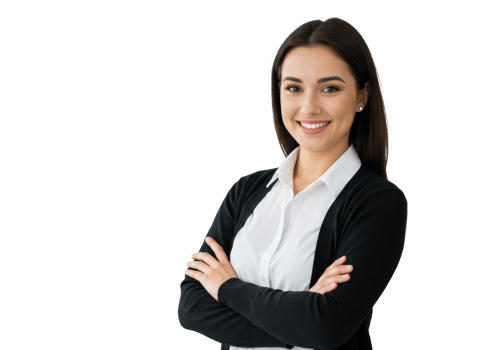 A woman in professional attire, wearing a white shirt and black cardigan, standing with arms crossed, smiling warmly isolated on transparent background png