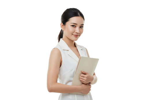 A professional woman with dark hair tied back, wearing a white sleeveless shirt, holding a folder, and smiling softly isolated on transparent background png