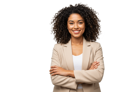 A confident woman with curly hair, wearing a beige suit and a white shirt, arms crossed, smiling warmly isolated on transparent background png